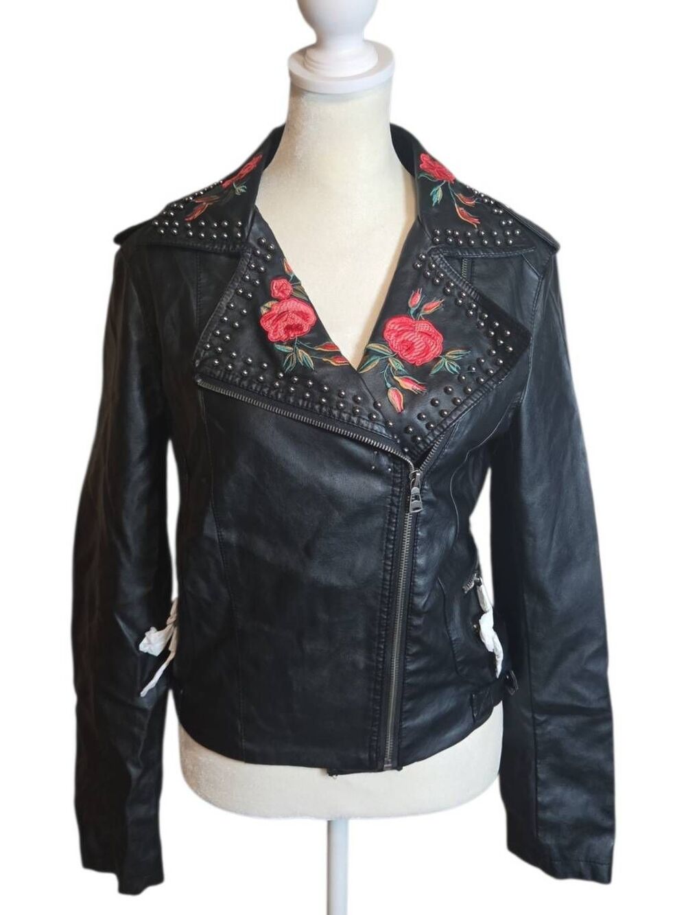 Groovy Monkey Embroidered Floral Studded Faux Leather Moto Jacket S